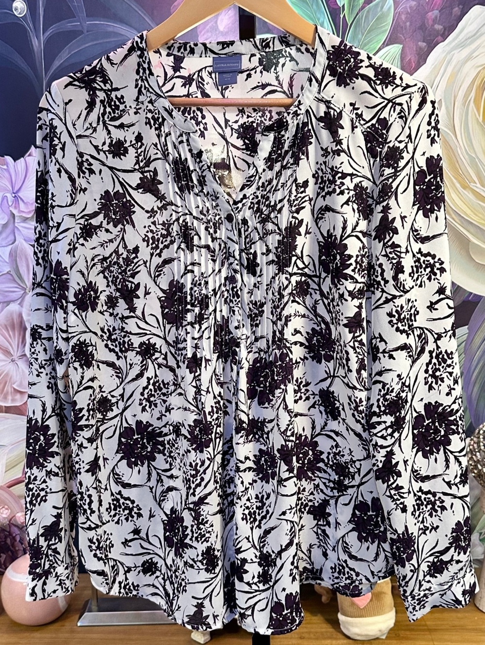 Laura Scott M Blouse Floral Print 100% Polyester Long Sleeve Top